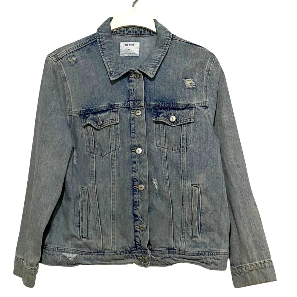 Old Navy Womens Distressed Jean Jacket XL Boho Hippie Festival Grunge Stone Wash